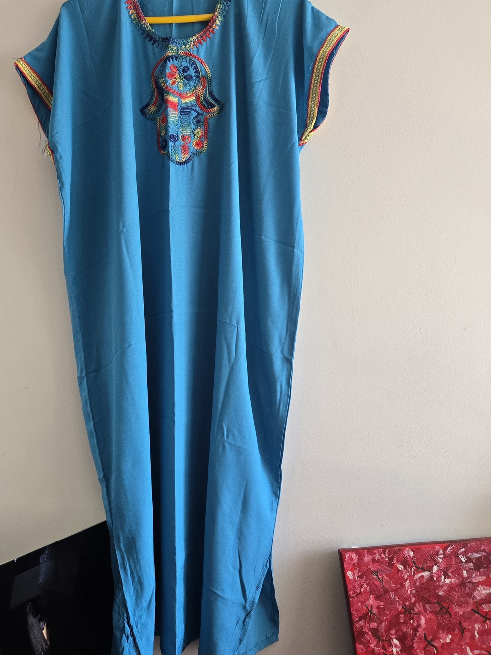 Moroccan Handmade Turquoise Embroidered Maxi Caftan with Multicolor Trim.NWT